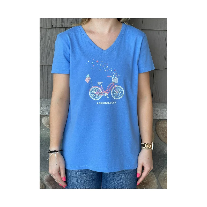 Life Is Good Women's Adirondacks Exclusive American Bike Tee - Cornflower Blue Welt Pockets Slit Pockets