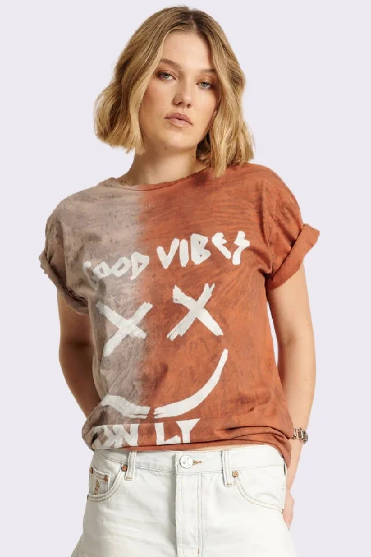 ONE TEASPOON Womens Good Vibes Only Hand Dyed Oversized Tee - Rust Denim Fabric Leather Fabric Suede Fabric