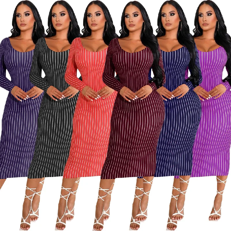 Sexy Stayfree Maxi Dress Fashion Striped Print Women's Midi Dresses Anti-Pilling Machine Wash Handmade