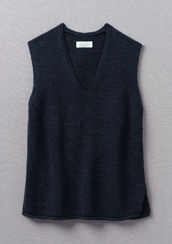 V-Neck Linen Cotton Knitted Tank | Dark Navy Faux Fur Fabric Real Fur Fabric Shearling Fabric