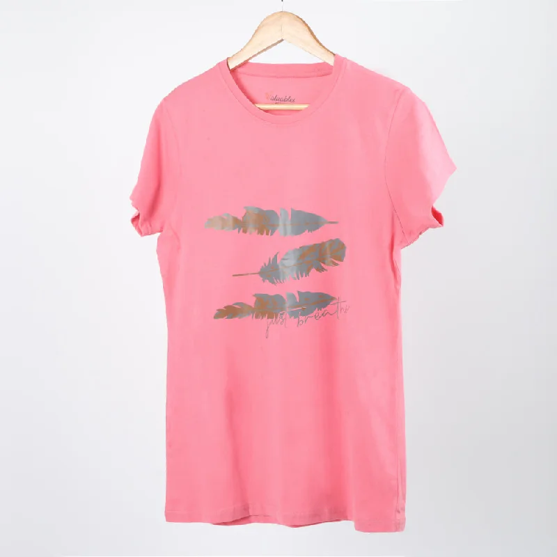 Women's Printed Half Sleeves T-Shirt - Pink Graphic Embroidered Appliqued