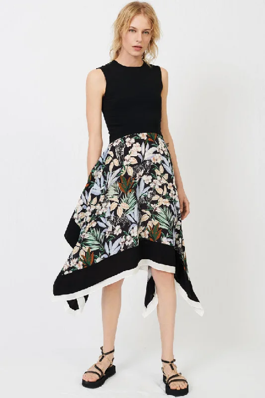 Asymmetric Handkerchief Hem Floral Print French Sleeveless Dress - Black Bright Floral Skirt