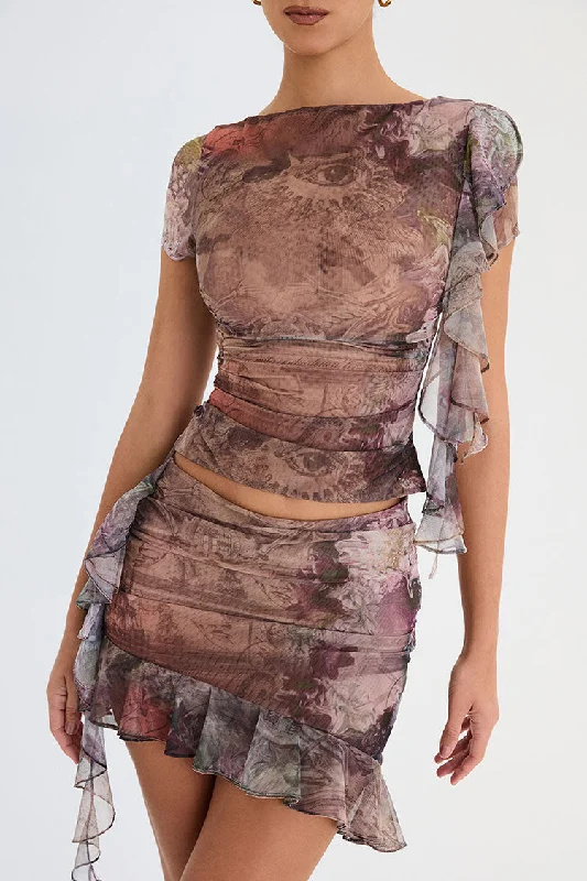 Asymmetrical Ruffle Floral Printed Ruched Mesh Mini Two Piece Dress - Brown Vintage Floral Print