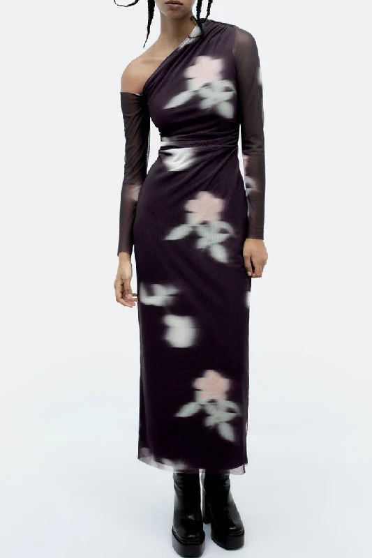 Blurry Floral Printed Long Sleeve Gathered Mesh Maxi Dress - Purple Soft Floral Maxi