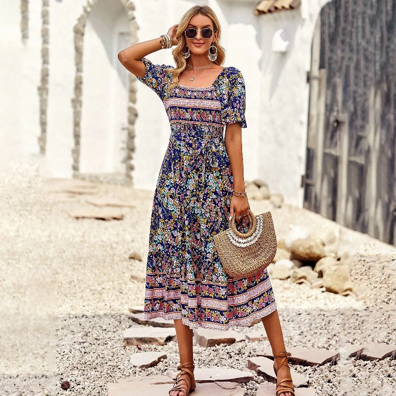 Bohemian Floral Dress Flared Floral A-Line