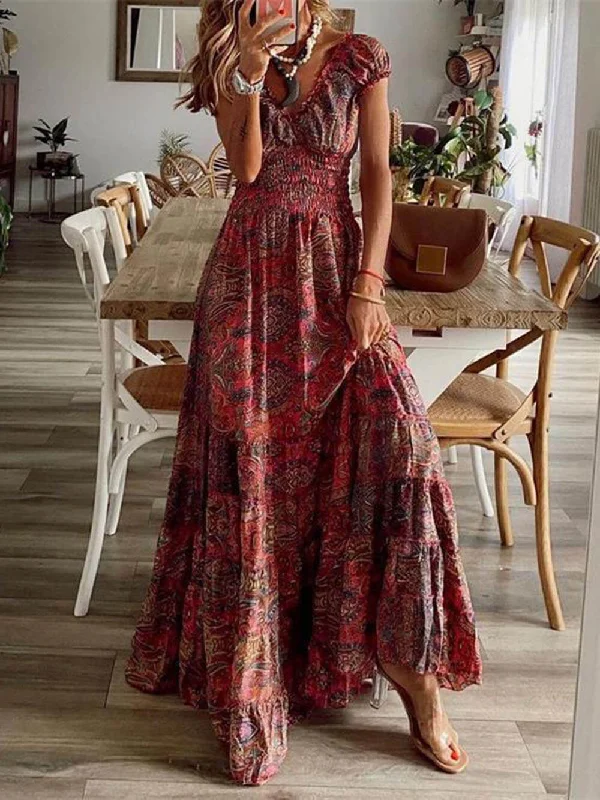 Bohemian Waisted Floral Print Dress Pleated Floral Pattern