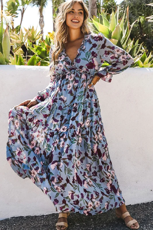 Boho Chic Ruffle V Neck Long Sleeve Chiffon Floral Printed Maxi Dress - Blue Boho Style Skirt