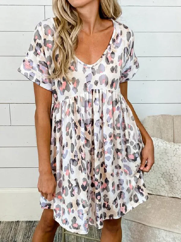 Casual Floral V Neck Short Sleeve Mini Dress Trendy Floral A-Line