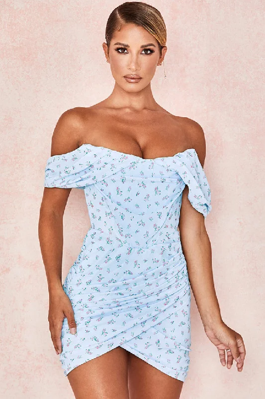 Ditsy Floral Draped Off Shoulder Mini Corset Dress - Light Blue Vibrant Print Skirt