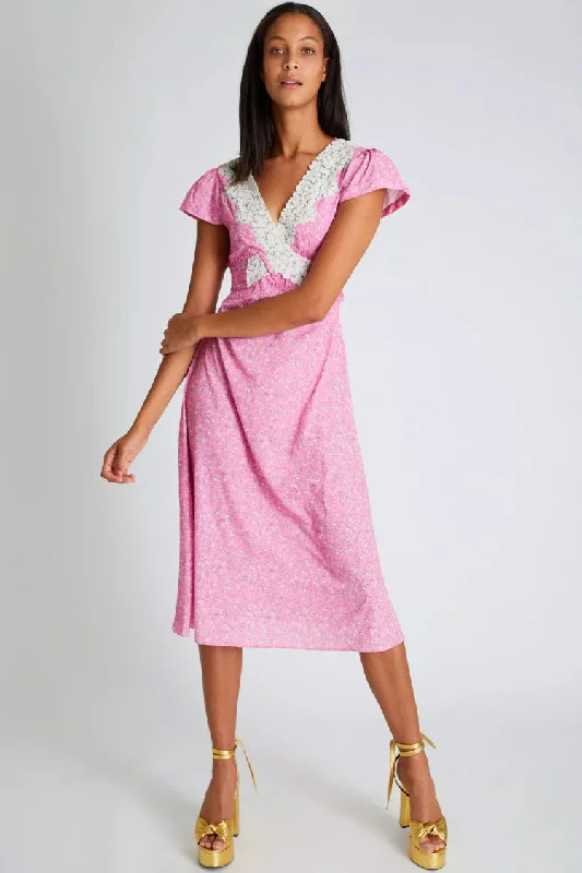 Ditsy Floral Lace Trim V Neck Printed Midi Dress - Pink Simple Floral Skirt