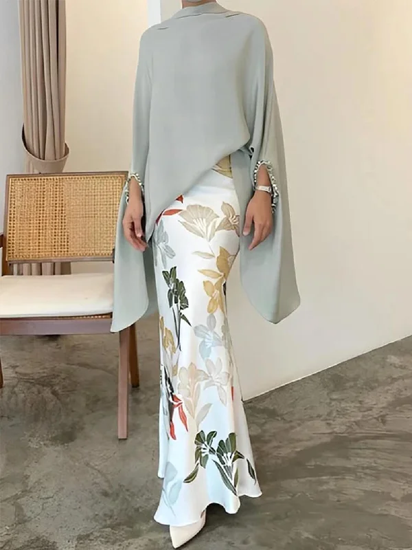 Elegant Floral Half Turtleneck Suit Soft Rayon Skirt