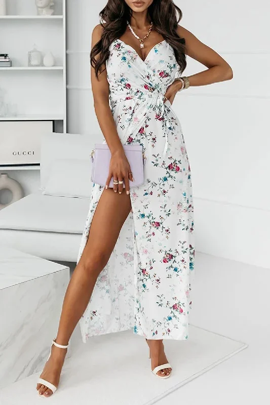 Fashion Elegant Floral Frenulum V Neck Dresses Soft Wrap Skirt