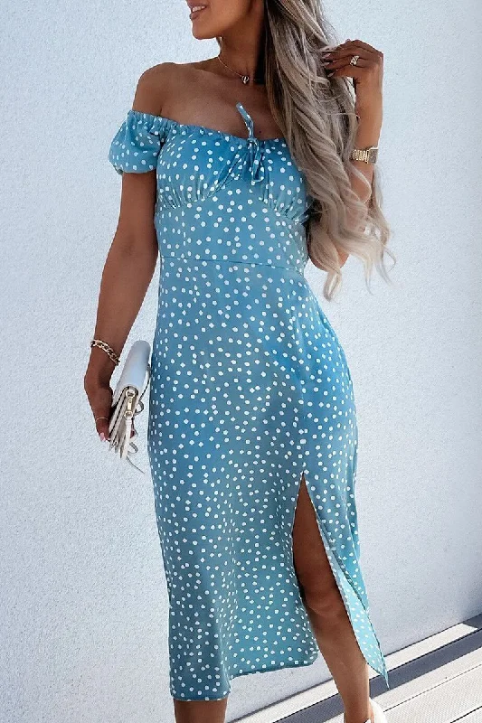 Fashion Elegant Floral Polka Dot Frenulum Slit Off the Shoulder A Line Dresses Stylish Floral Skirt