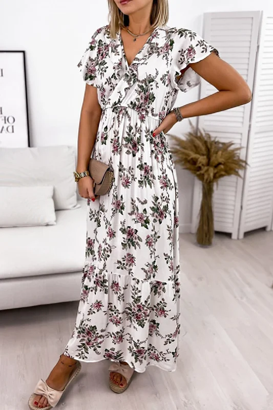 Fashion Elegant Floral Split Joint Flounce V Neck A Line Dresses Feminine Floral Skirt