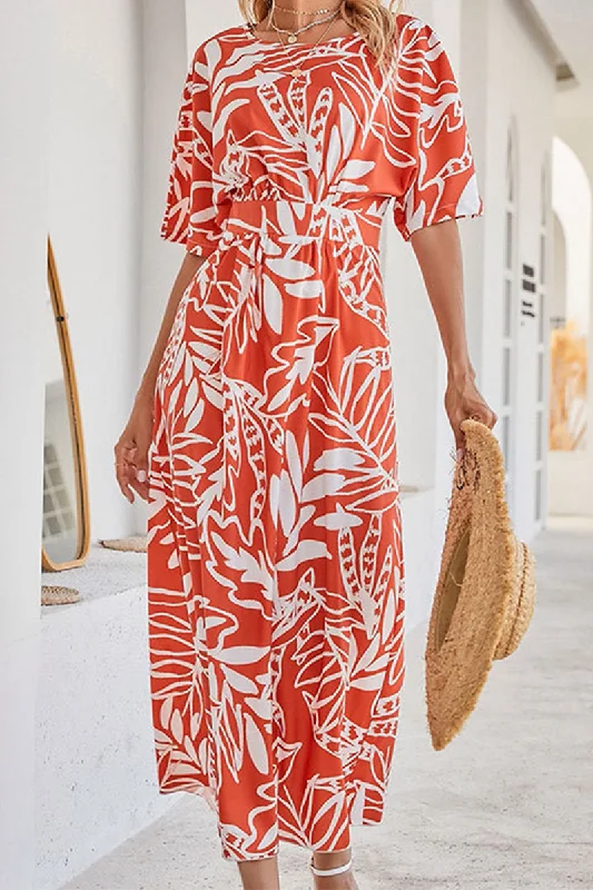 Fashion Elegant Floral Split Joint O Neck A Line Dresses Soft Floral Midi