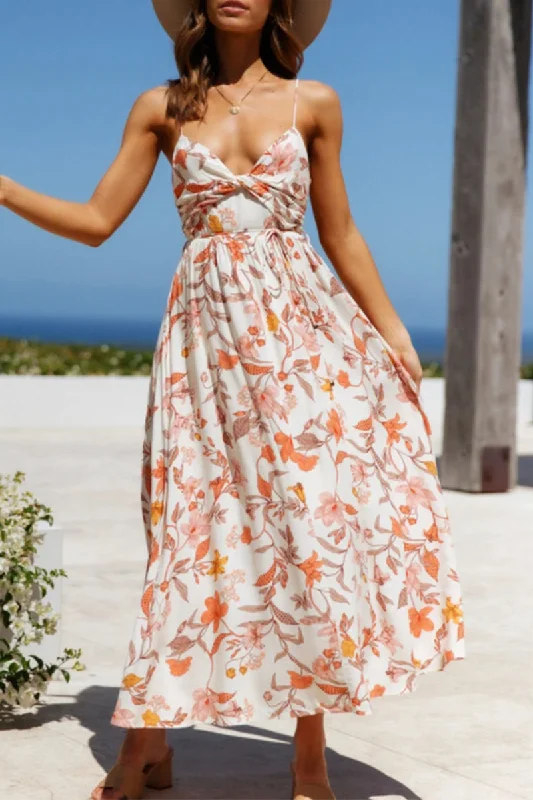 Fashion Elegant Floral Split Joint V Neck A Line Dresses Tropical Floral Print