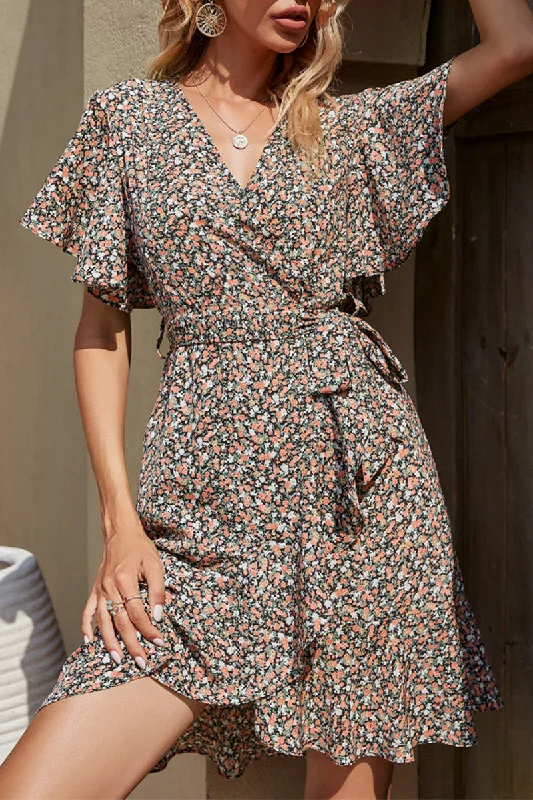 Fashion Elegant Floral Split Joint With Belt V Neck A Line Dresses High-Waisted Skirt