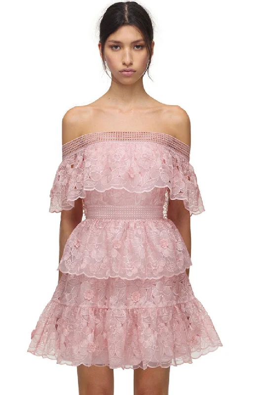 Floral Embroidered Off Shoulder Tiered Mini Dress - Blush Pink Soft Flowy Skirt