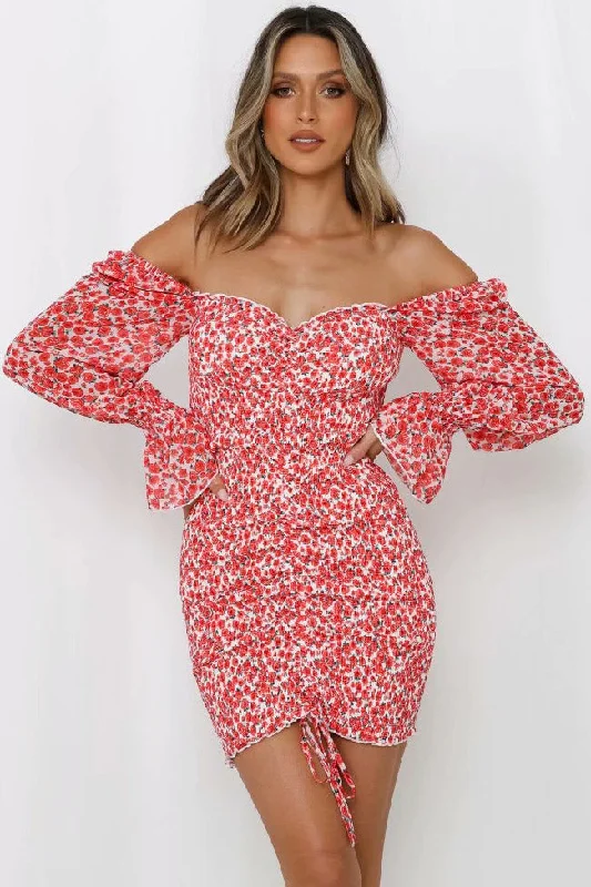 Floral Off Sleeve Ruched Bodycon Smocked Mini Dress - Red Pleated Floral Pattern