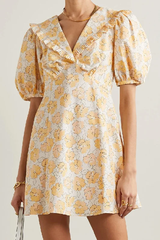 Floral Print Puff Sleeve Ruffle Collared Summer Mini Dress - Yellow Floral Tiered Skirt