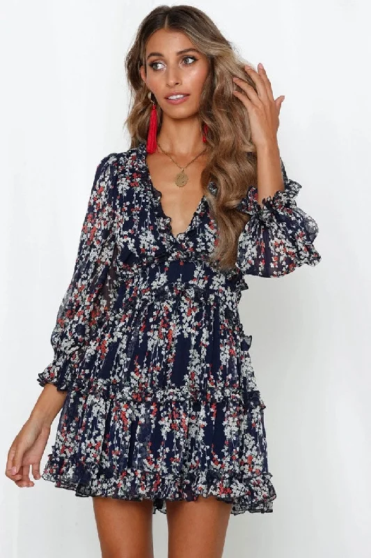 Floral Print V Neck Chiffon Ruffle Beach Vacation Dress - Navy Blue Bold Floral Print