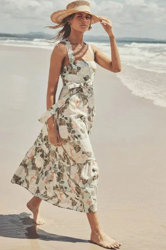 Flowy Bow Tie Smocked Sleeveless Midi Beach Vacation Dress - Floral Tropical Floral Skirt