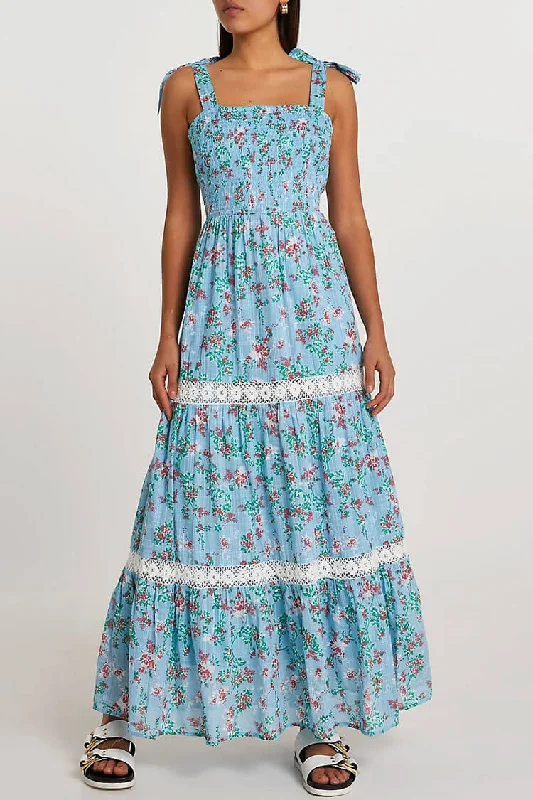 Flowy Daisy Floral Tie Strap Tiered Summer Maxi Sundress - Blue Soft Wrap Skirt