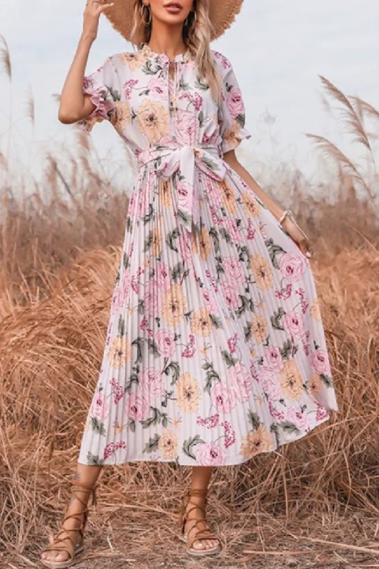 Flowy Tie Neck Puff Sleeve Pleated Floral Printed Midi Dress - Pink Fun Floral Design