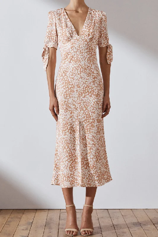 High Slit Puff Sleeve Deep V French Floral Midi Dress - Apricot Vibrant Floral Print