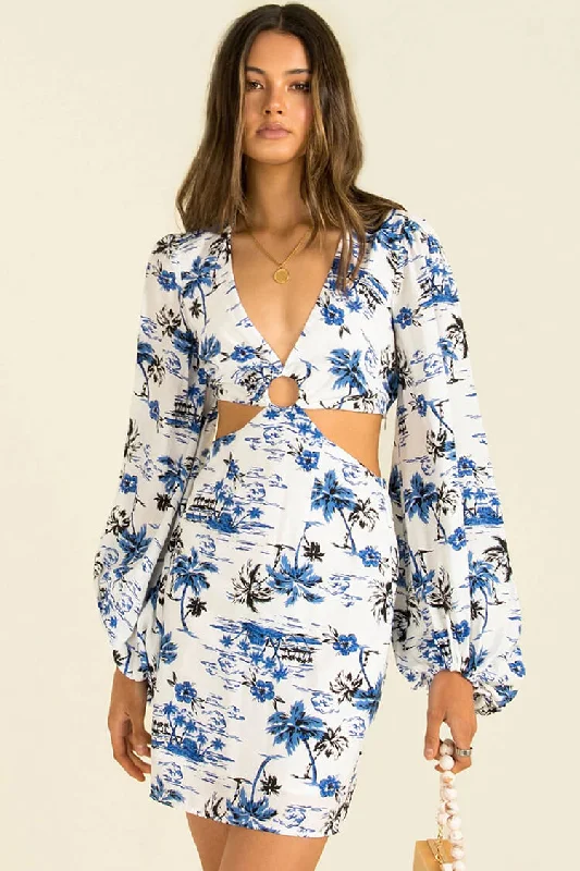 Holiday Floral V Neck Long Sleeve Cutout Printed Mini Dress - Blue High-Waisted Floral Skirt