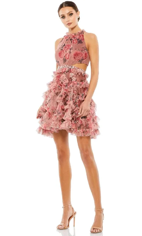 Ieena Duggal 9153 - Ruffled Floral Short Halter Dress Elegant Floral Midi