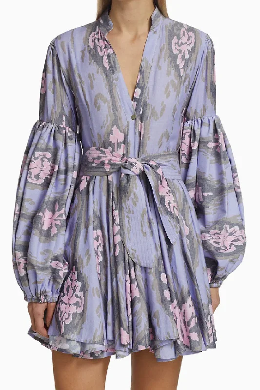 Long Sleeve Button Down Floral Print Shirt Mini Dress - Purple Soft Cotton Skirt