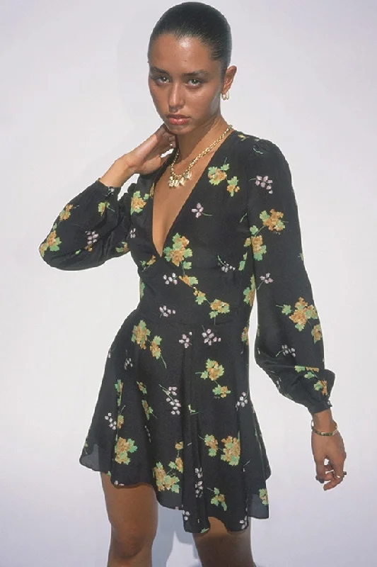 Long Sleeve V Neck Fit & Flare French Silk Floral Mini Dress - Black Bold Floral Skirt