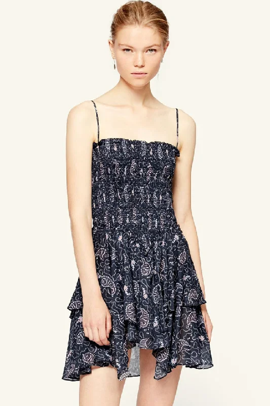 Paisley Floral Tiered Ruffle French Slip Mini Dress - Navy Blue Soft Floral Maxi