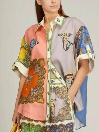 Paisley Satin Floral Button-Down Shirt Colorful Floral Skirt