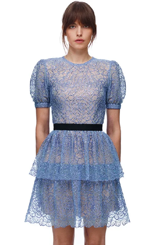 Sparkly Sequin Floral French Mesh Ruffle Tiered Mini Dress - Blue Vibrant Floral Print