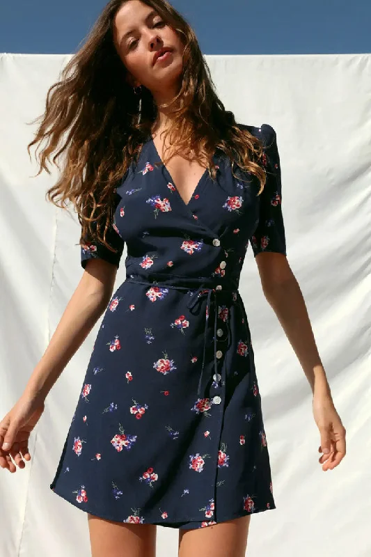 Vintage Floral Printed Puff Sleeve French Wrap Mini Dress - Navy Blue Vintage Floral Design