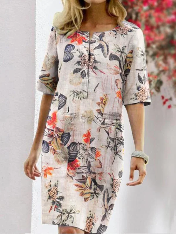 Casual Round Neck Floral Short Sleeve Midi Dress Elegant Midi Skirt