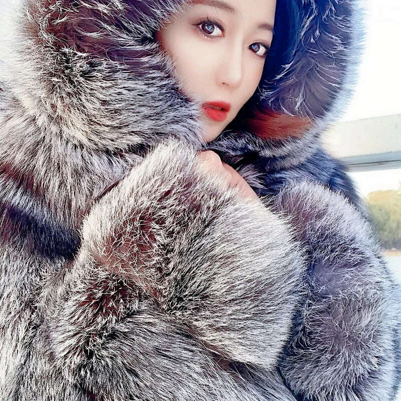 2021 New Luxury Silver Fox Fur Hooded Coats Women Winter Warm Outerwear High Quality Genuine Fox Fur Thick Fur Coat Luxury Cashmere Wrap