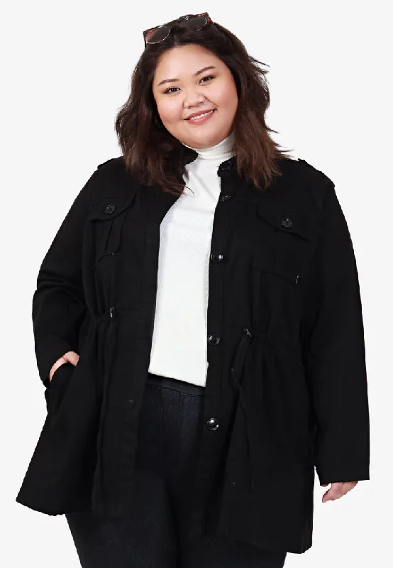 Parca Long Cinched Button Stretch Jacket - Black Anorak Shell Jacket Lightweight Jacket