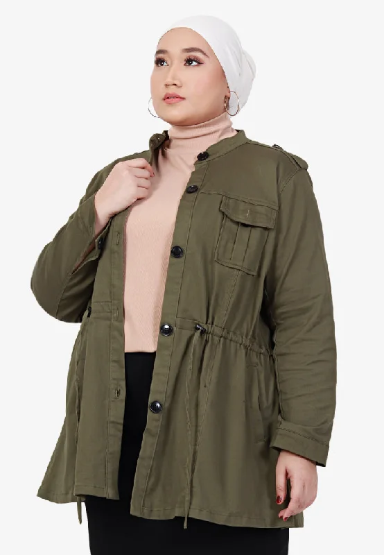 Parca Long Cinched Button Stretch Jacket - Army Green Front Pockets Side Pockets Patch Pockets