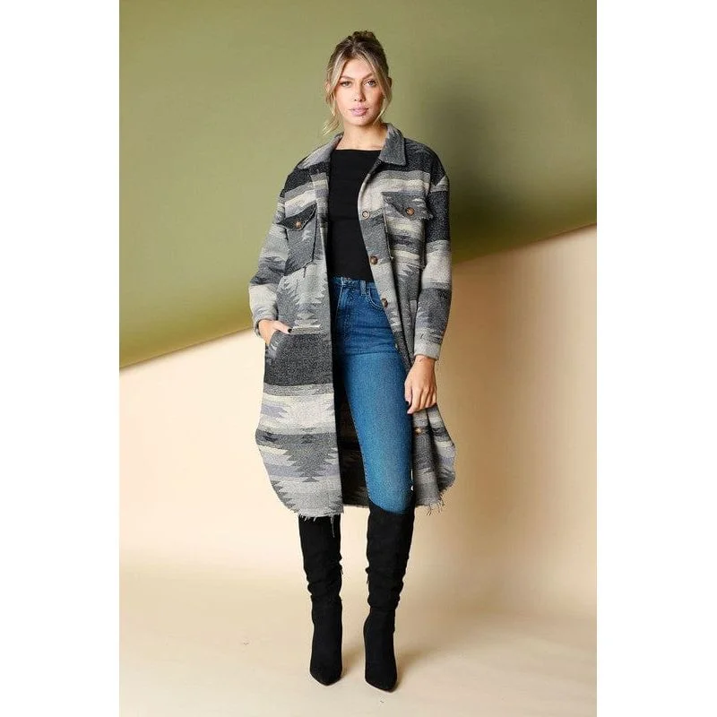 Aztec tribal button down long coat Cuffed Rolled Raglan