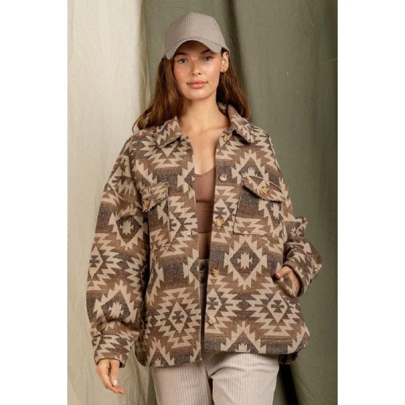 Aztec Pattern Collared Casual Jacket Buttoned Toggled Snapped