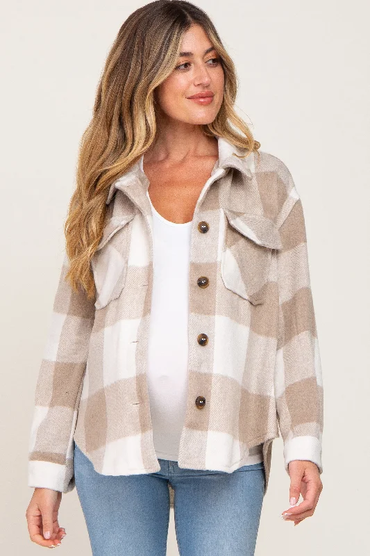 Beige Plaid Knit Maternity Shirt Jacket Chic Oversized Blazer