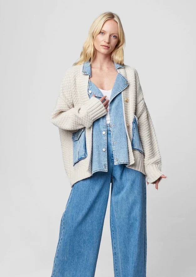 knit + denim trim jacket Asymmetrical Collar Hooded Zippered