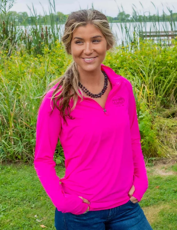 Breathe Instant Cooling UPF Quarter Zip Long Sleeve Shirt w/ Thumbholes (Hot Pink) Modern Asymmetric Coat