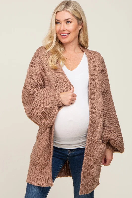 Brown Cable Knit Front Pocket Maternity Cardigan Functional Travel Jacket