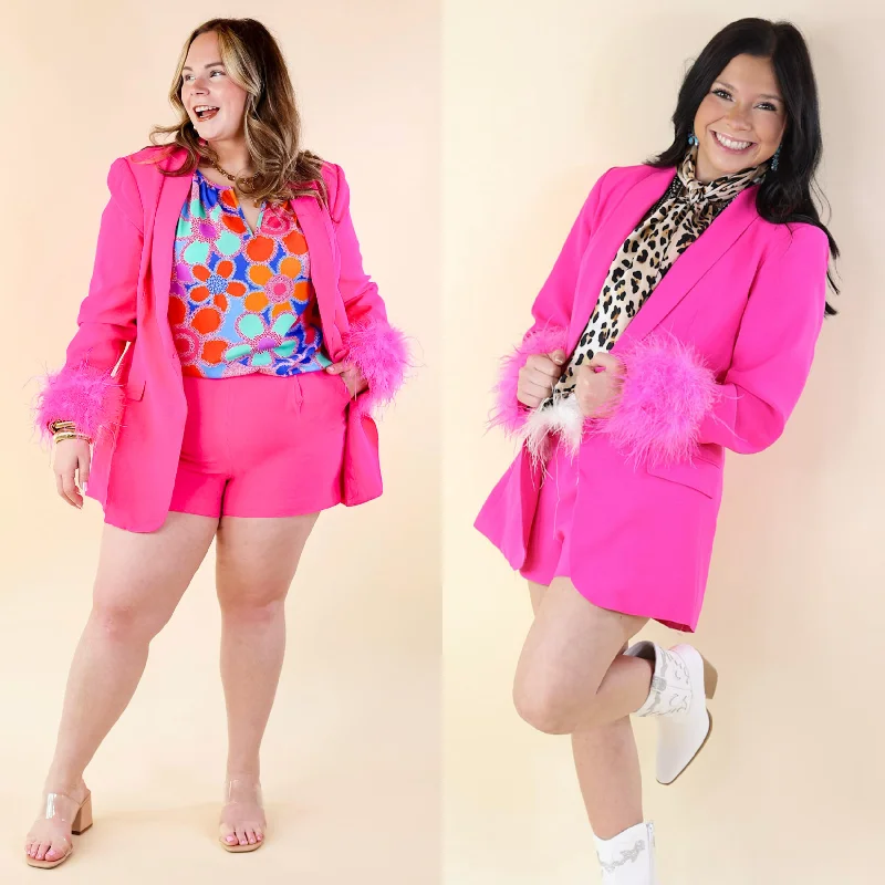 BuddyLove | Elle Feather Trim Blazer in Azalea (Hot Pink) Welt Pockets Slit Pockets Flap Pockets