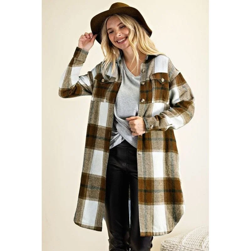 Button down plaid midi shirt jacket Off-the-Shoulder Jacket Double-Breasted Coat Single-Breasted Coat