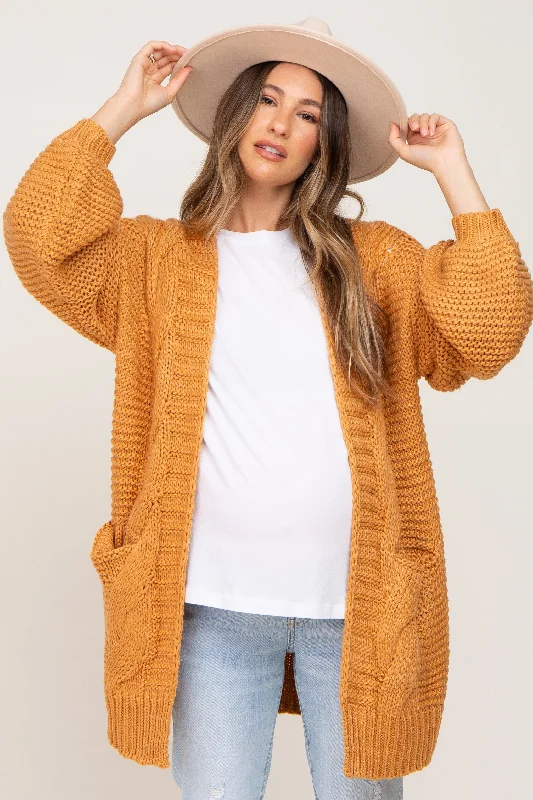 Camel Cable Knit Front Pocket Maternity Cardigan Oversized Teddy Coat